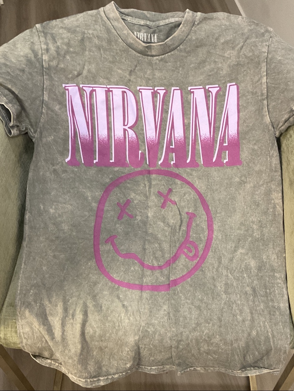 NIRVANA Gray Tee with Pink Logo and Smiley